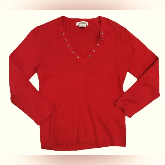MICHAEL Michael Kors Womens XL Red V-Neck Sweater Cotton Blend Knit Top Eyelet - Picture 2 of 5